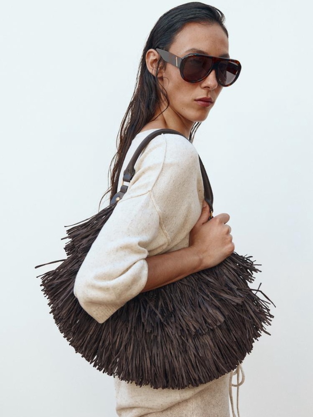 Zara fringed brown tote bag